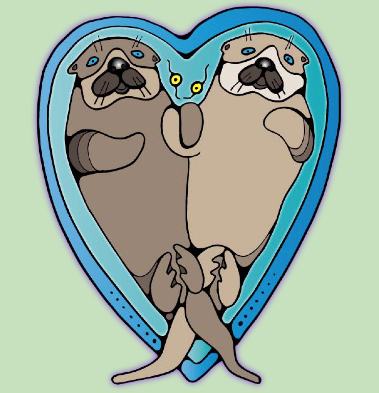 An illustration of two otters on their backs holding paws inside a heart shape by artist, Dolly Peltier.