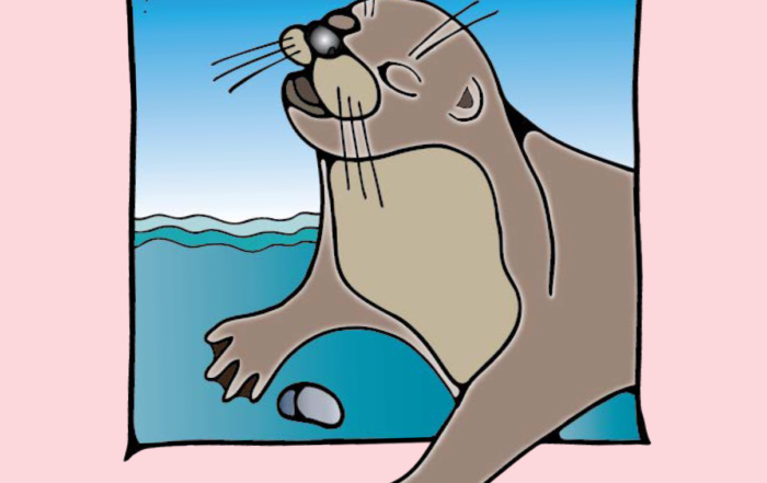 An otter with his head up singing while a stone sits near his paw.