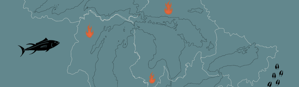 Artistic map showing the great lakes watershed region with three fires to represent the three fires confederacy