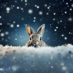 A rabbit sitting in a snow fall at night looking over a snow bank at you.