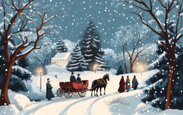 A classic Christmas scene with a horse-drawn carriage, snow-covered trees, and a few people bundled up in coats Illustration --ar 3:2 --v 6.1 Job ID: 2fa0e12c-ebd5-49eb-bdfb-621ac62749b0