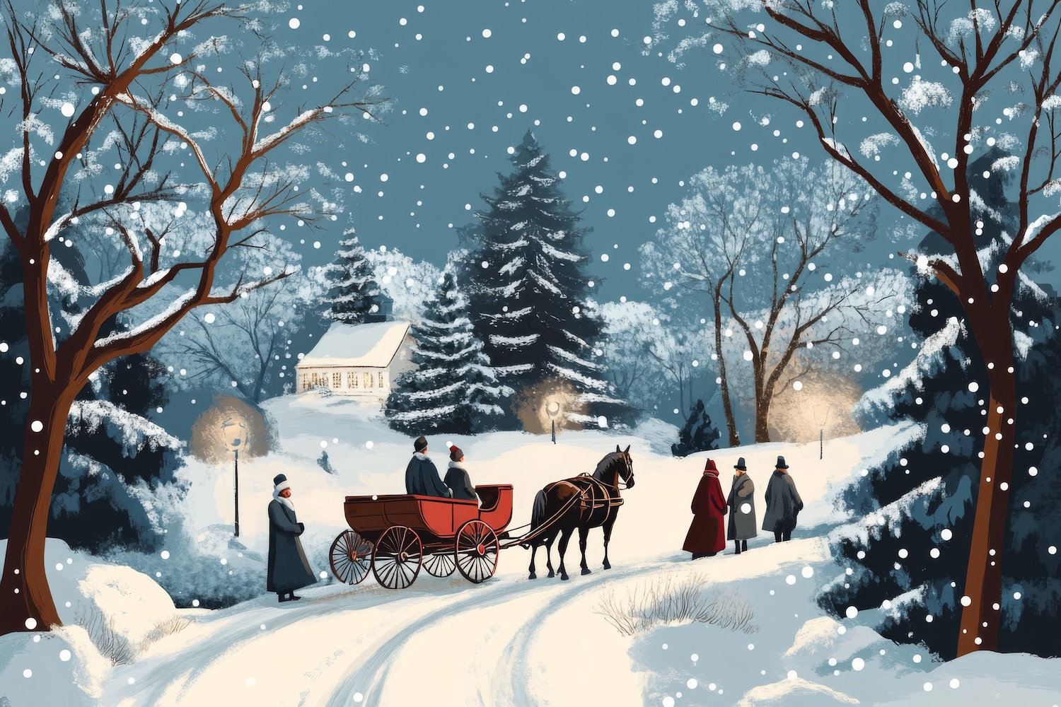 A classic Christmas scene with a horse-drawn carriage, snow-covered trees, and a few people bundled up in coats Illustration --ar 3:2 --v 6.1 Job ID: 2fa0e12c-ebd5-49eb-bdfb-621ac62749b0